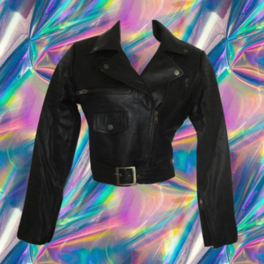 nwot cropped leather jacket black biker size s m